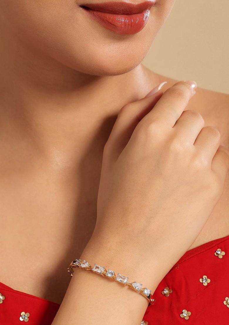 Gold Plated American Diamond Studded Bangle Style Bracelet - Indya