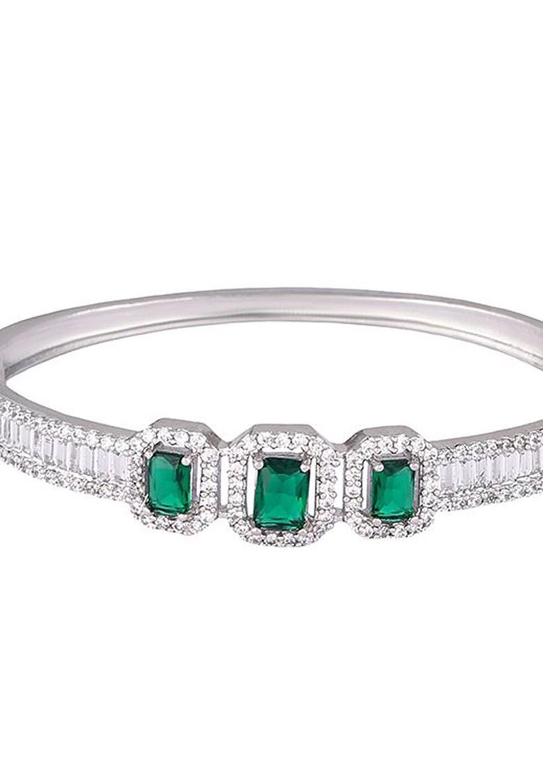 Women Brass Cubic Zirconia Handcrafted Rhodium Plated Bangle Style Bracelet - Indya