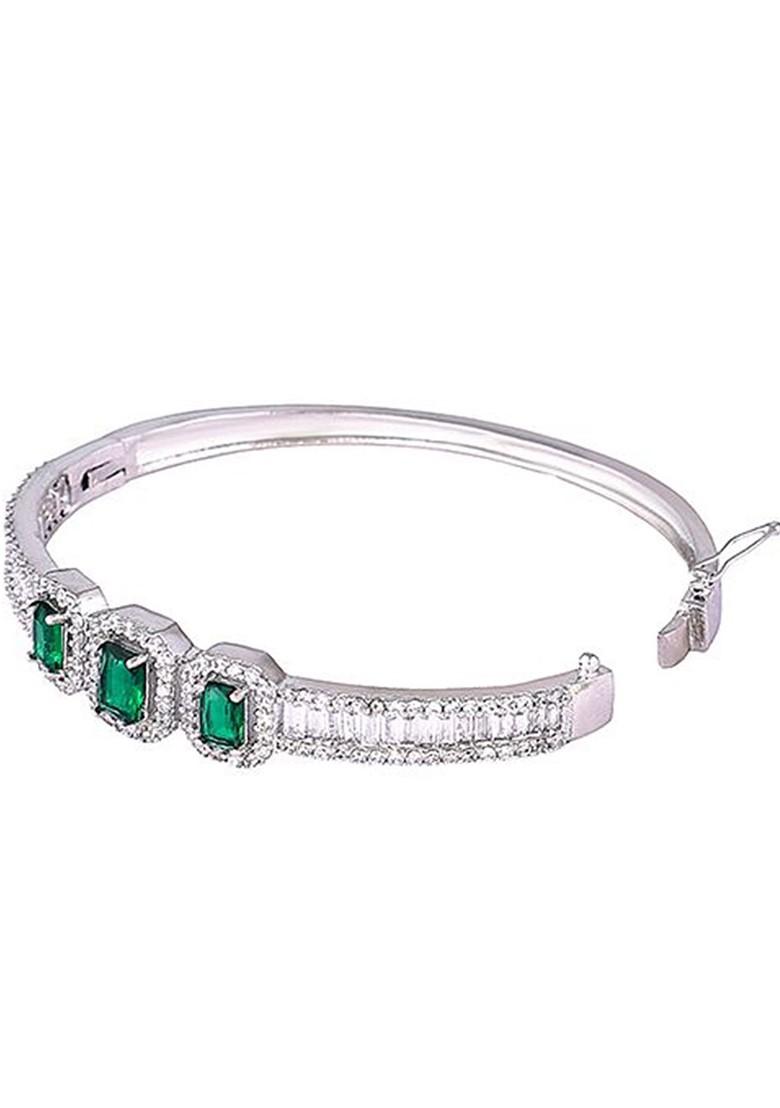 Women Brass Cubic Zirconia Handcrafted Rhodium Plated Bangle Style Bracelet - Indya