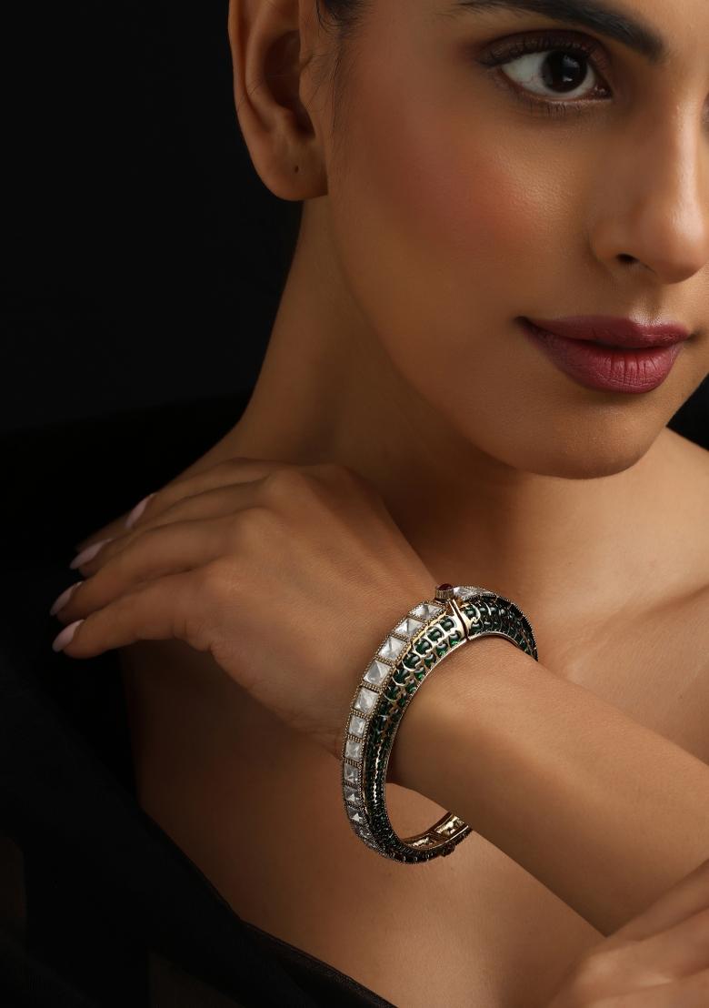 Green Polki Brass Bangle - Indya