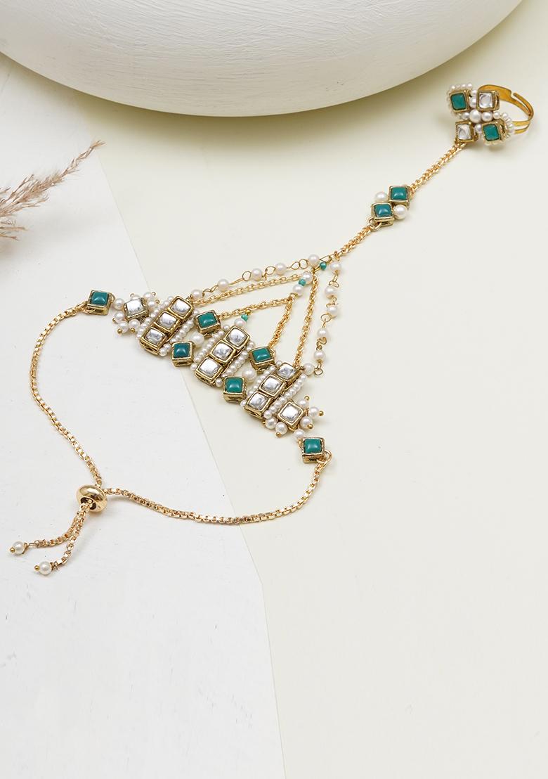 Green Glass Kundan Mixed Alloy Bracelet - Indya