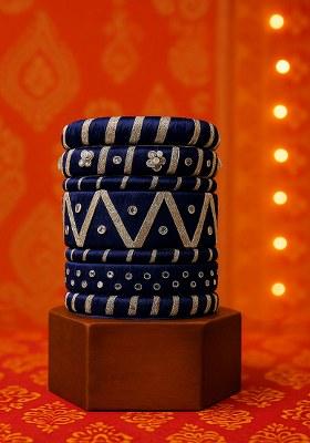 Blue Silk Thread With Kunden Stone Bangles Set