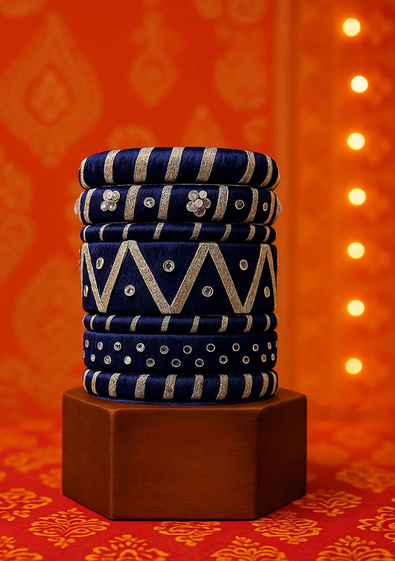 Blue Silk Thread With Kunden Stone Bangles Set - Indya