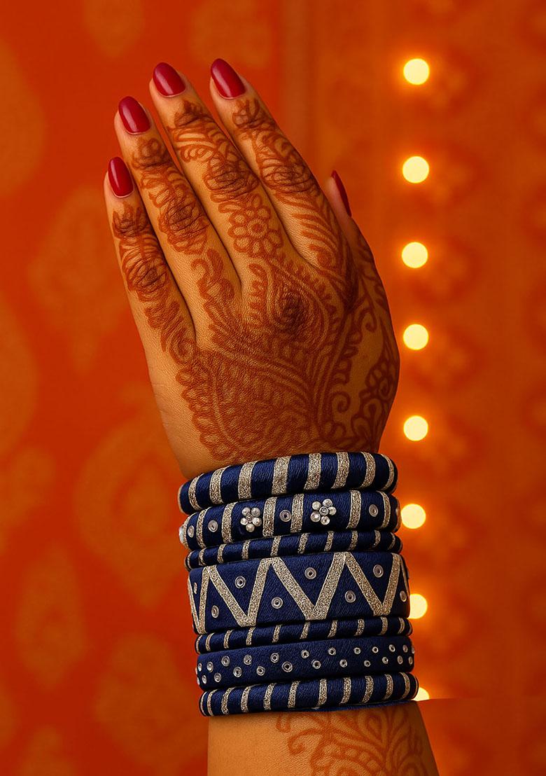 Blue Silk Thread With Kunden Stone Bangles Set - Indya
