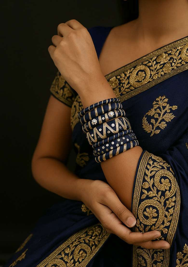 Blue Silk Thread With Kunden Stone Bangles Set - Indya