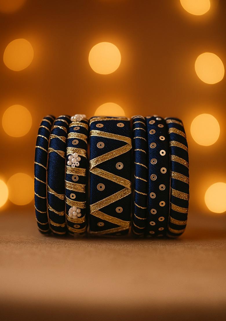 Blue Silk Thread With Kunden Stone Bangles Set - Indya