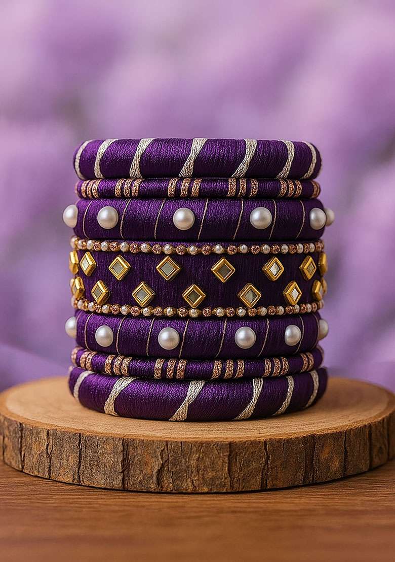 Purple Silk Thread With Kunden Stone Bangles Set - Indya