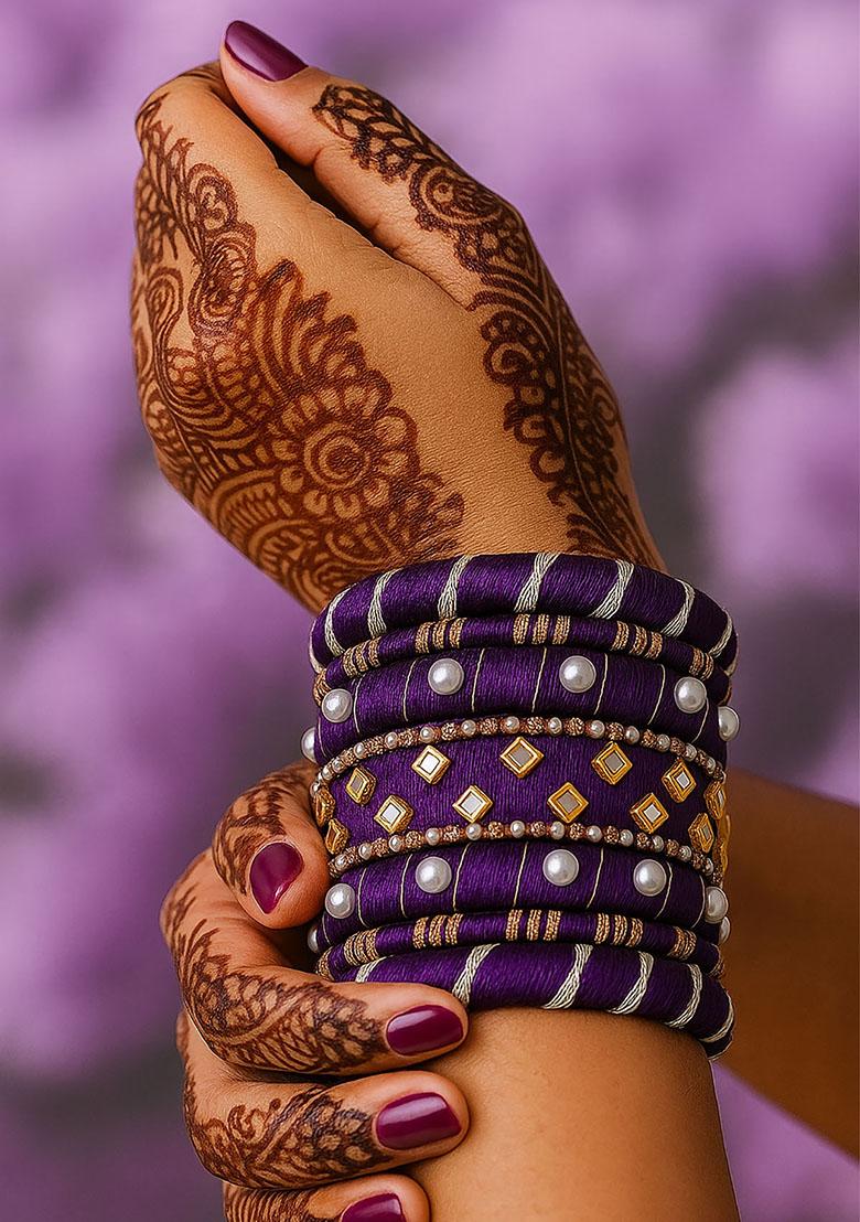 Purple Silk Thread With Kunden Stone Bangles Set - Indya