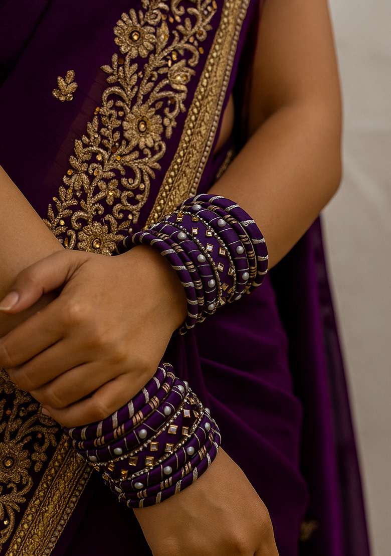 Purple Silk Thread With Kunden Stone Bangles Set - Indya