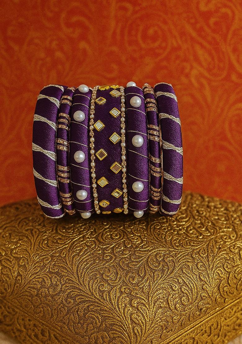 Purple Silk Thread With Kunden Stone Bangles Set - Indya