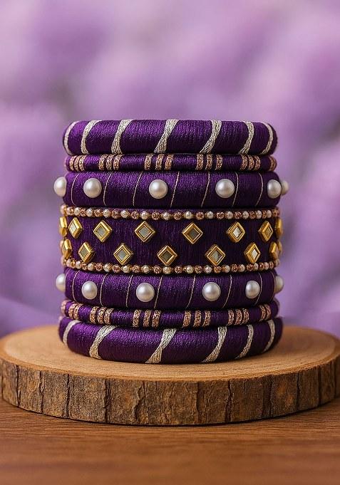 Purple Silk Thread With Kunden Stone Bangles Set