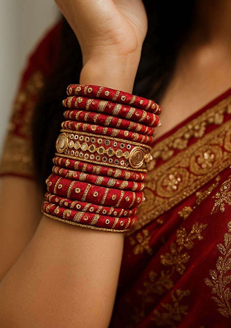 Maroon Silk Thread With Kunden Stone Bangles Set - Indya