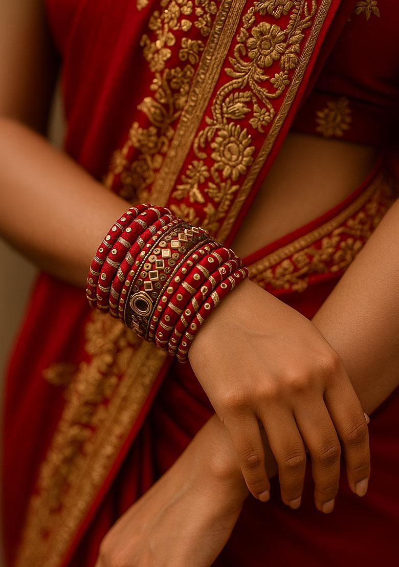 Maroon Silk Thread With Kunden Stone Bangles Set - Indya