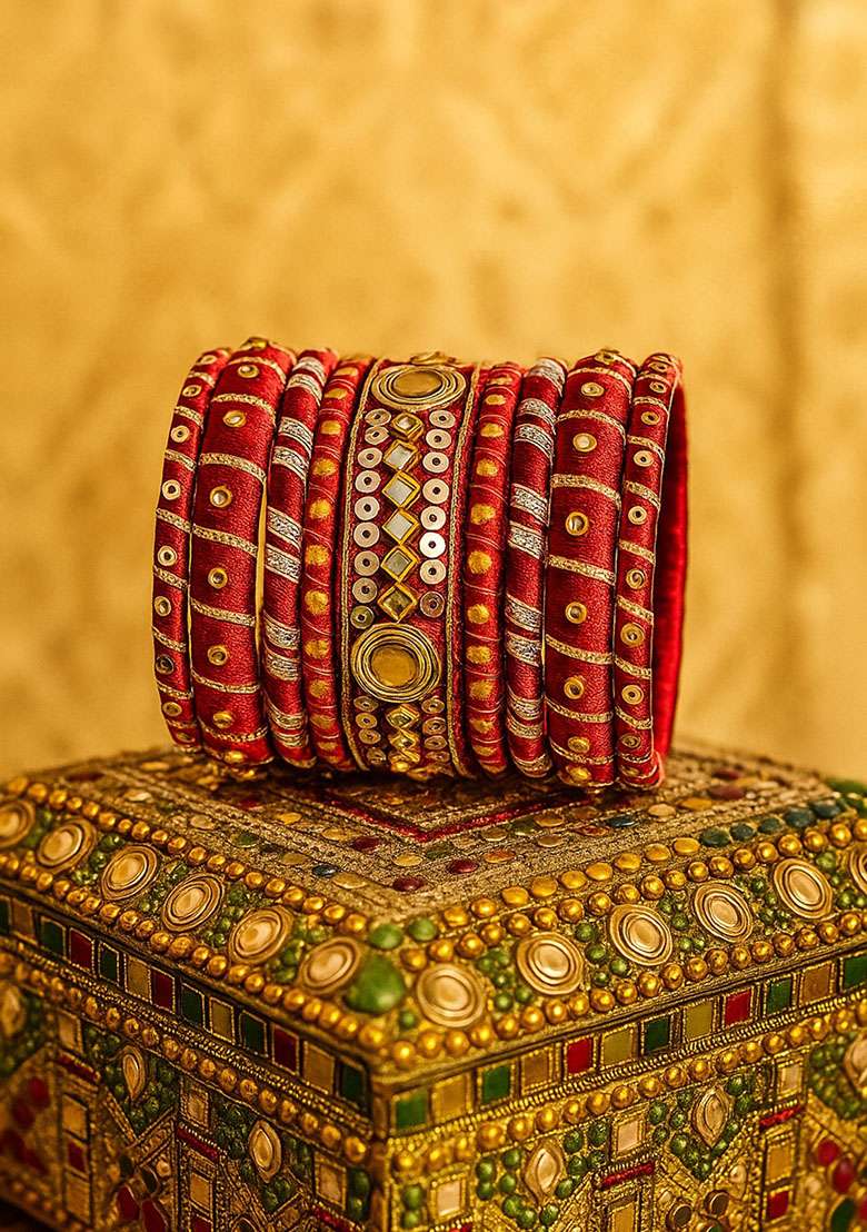Maroon Silk Thread With Kunden Stone Bangles Set - Indya