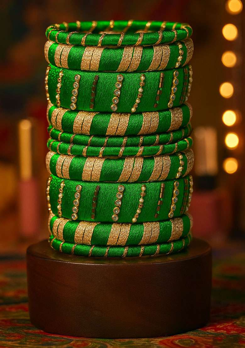 Green Silk Thread With Kunden Stone Bangles Set - Indya