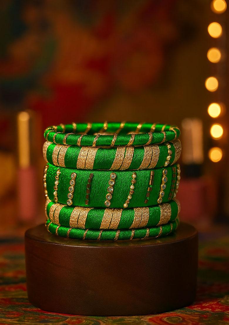 Green Silk Thread With Kunden Stone Bangles Set - Indya