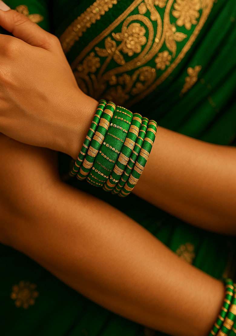 Green Silk Thread With Kunden Stone Bangles Set - Indya