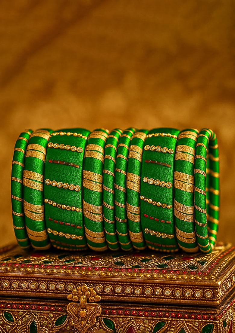 Green Silk Thread With Kunden Stone Bangles Set - Indya
