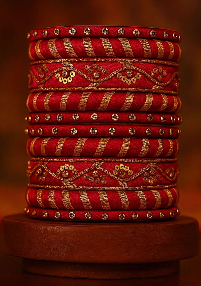 Pink Silk Thread With Kunden Stone Bangles Set - Indya