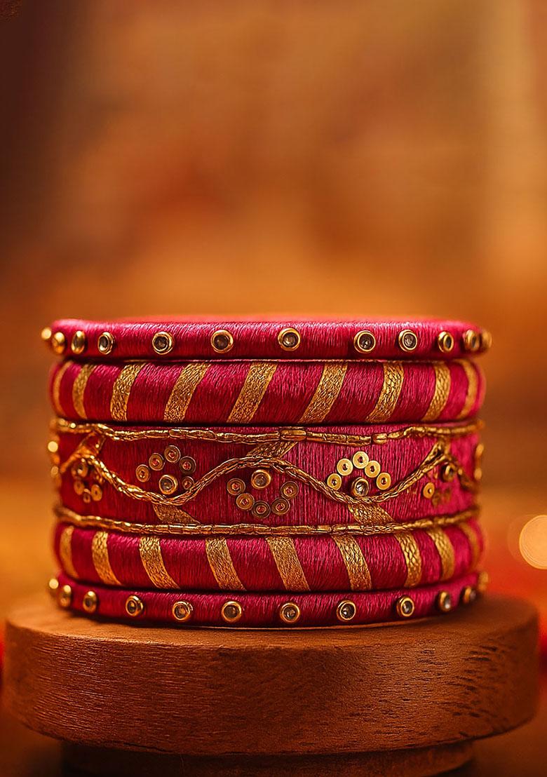 Pink Silk Thread With Kunden Stone Bangles Set - Indya