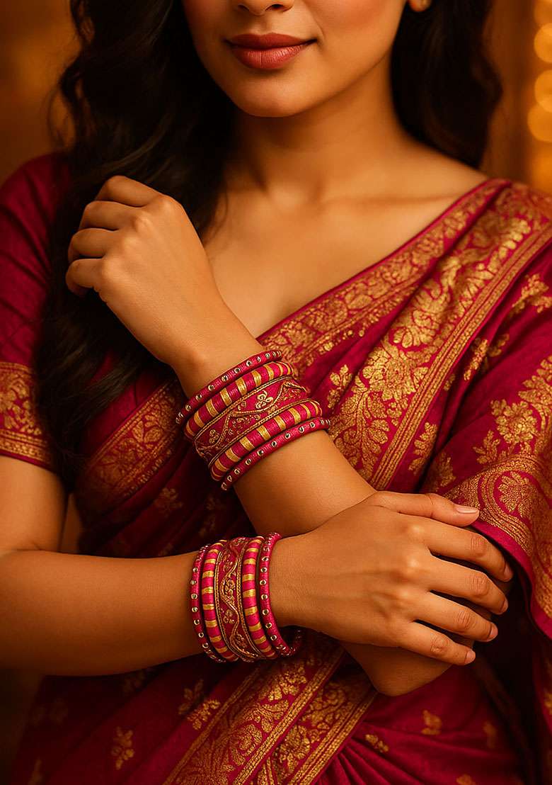 Pink Silk Thread With Kunden Stone Bangles Set - Indya