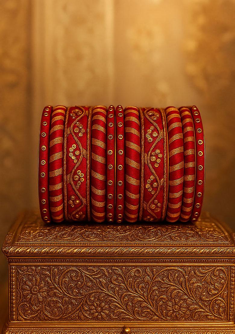 Pink Silk Thread With Kunden Stone Bangles Set - Indya