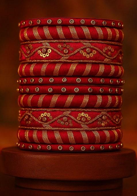Pink Silk Thread With Kunden Stone Bangles Set