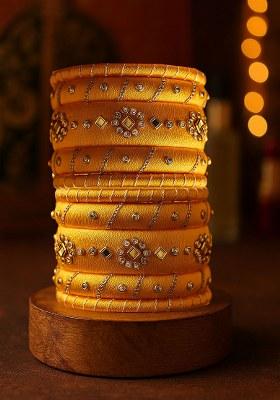 Yellow Silk Thread With Kunden Stone Bangles Set