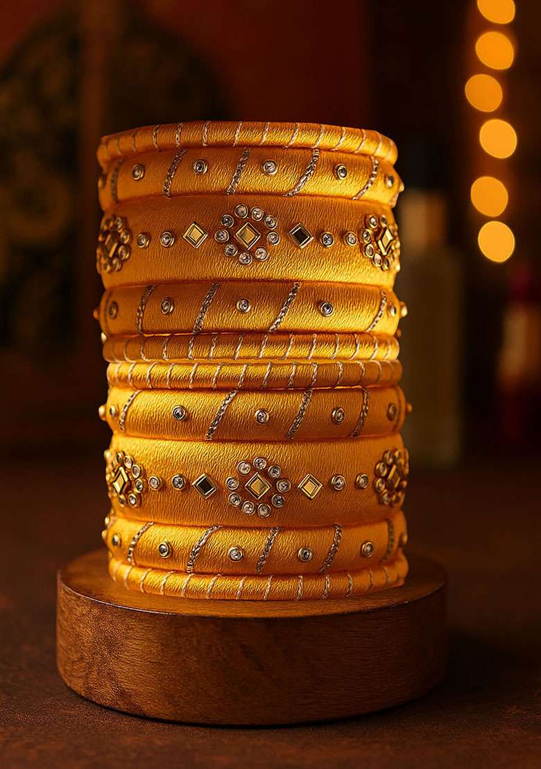 Yellow Silk Thread With Kunden Stone Bangles Set - Indya