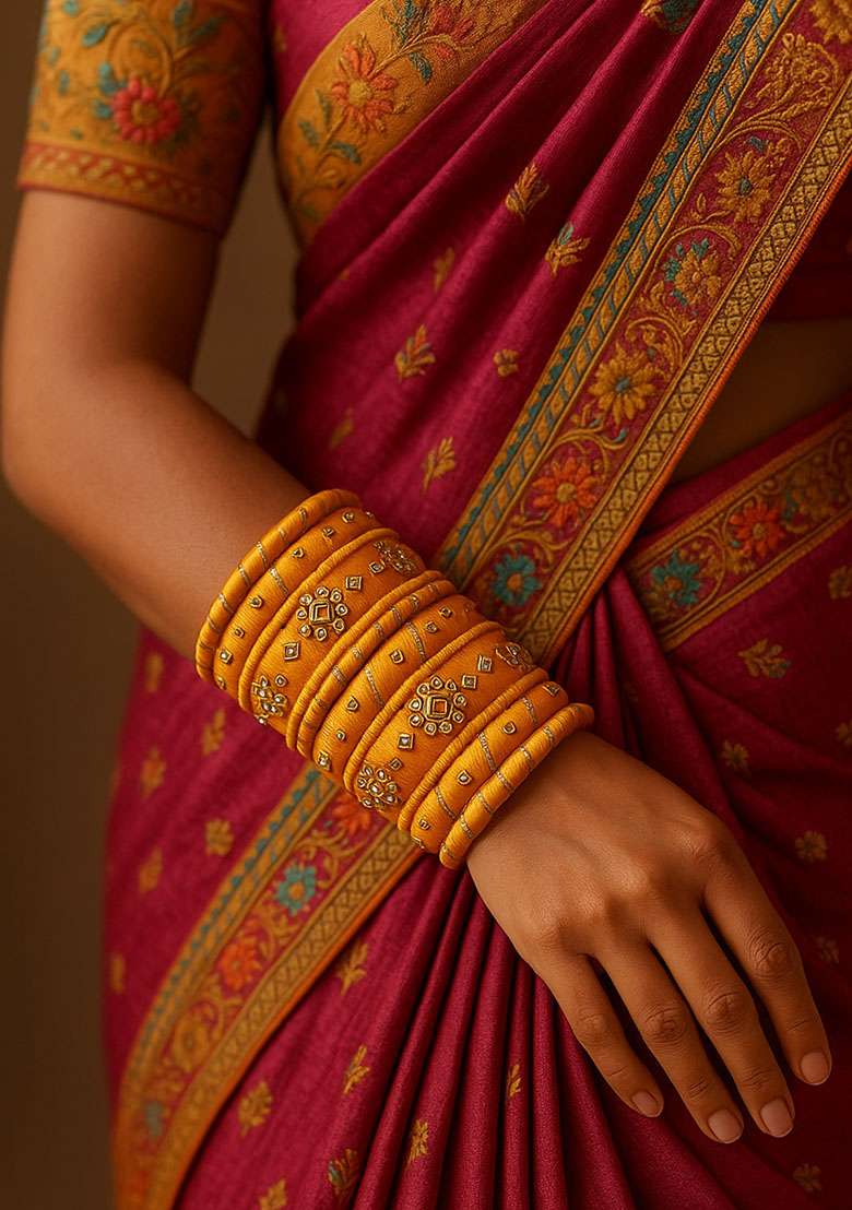 Yellow Silk Thread With Kunden Stone Bangles Set - Indya