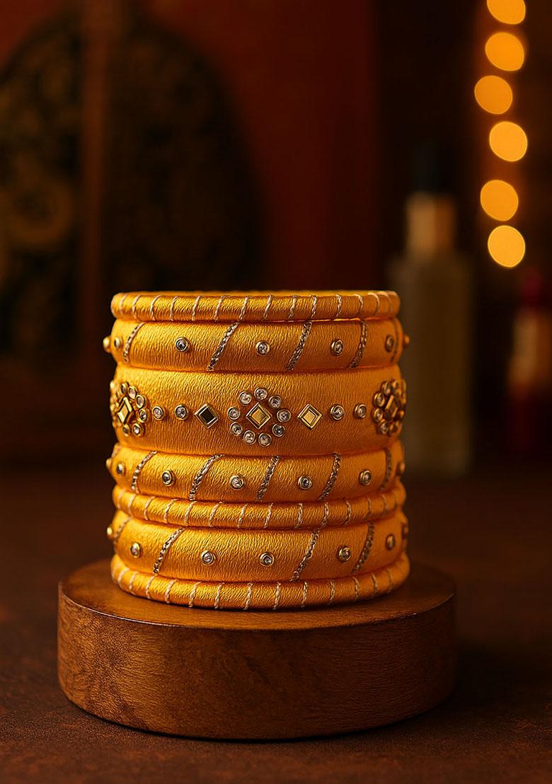 Yellow Silk Thread With Kunden Stone Bangles Set - Indya