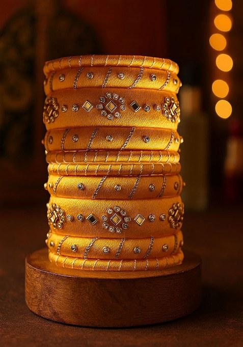 Yellow Silk Thread With Kunden Stone Bangles Set