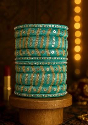 Light Blue Silk Thread With Kunden Stone Bangles Set