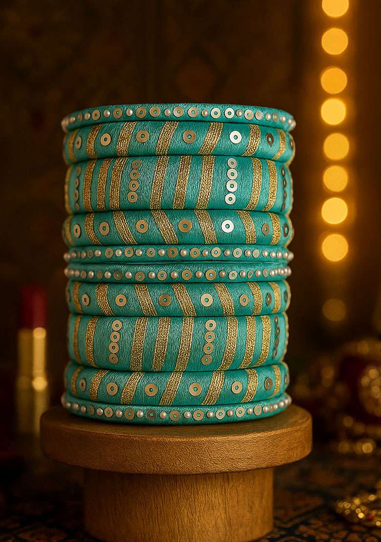 Light Blue Silk Thread With Kunden Stone Bangles Set - Indya