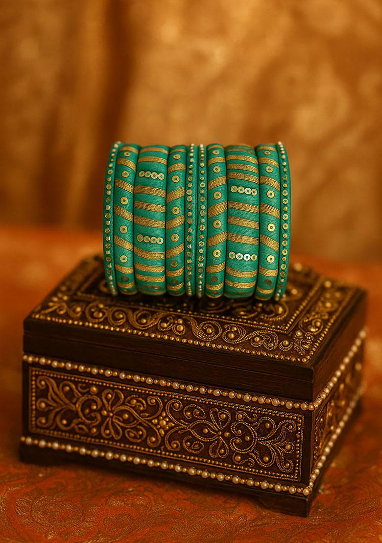 Light Blue Silk Thread With Kunden Stone Bangles Set - Indya