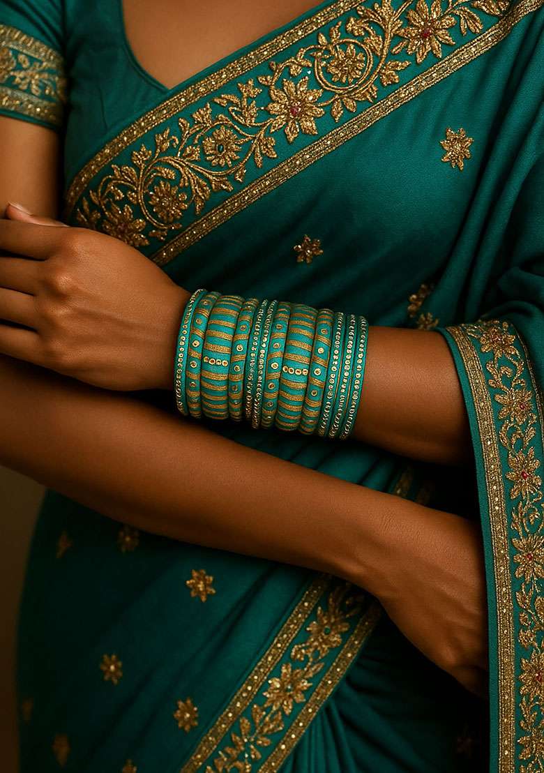 Light Blue Silk Thread With Kunden Stone Bangles Set - Indya