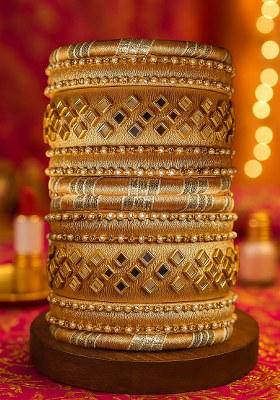 Golden Silk Thread With Kunden Stone Bangles Set