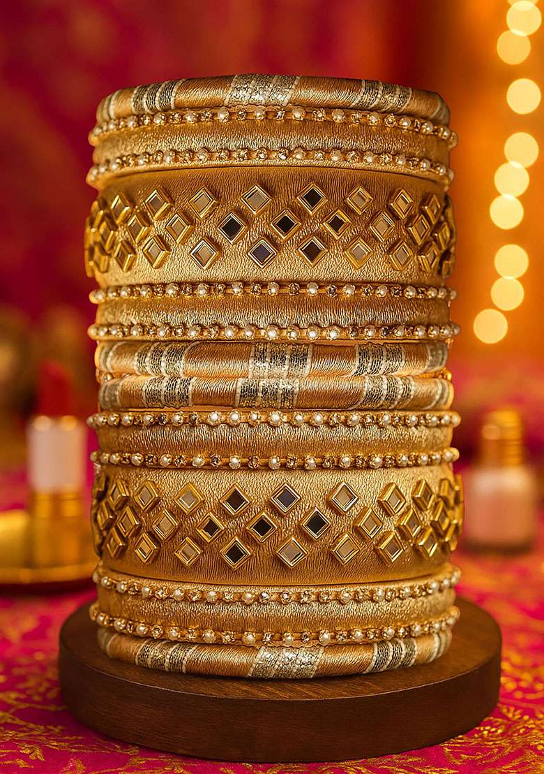Golden Silk Thread With Kunden Stone Bangles Set - Indya