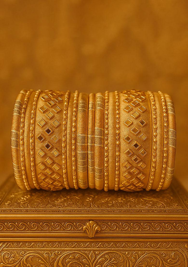 Golden Silk Thread With Kunden Stone Bangles Set - Indya