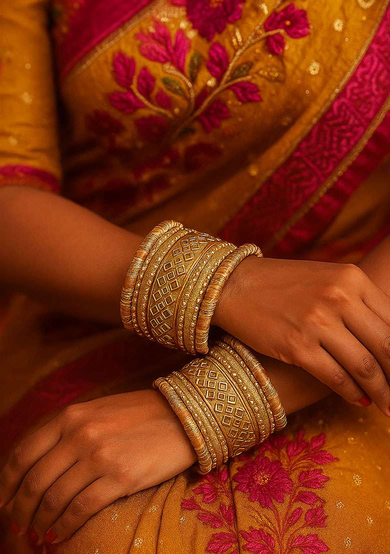 Golden Silk Thread With Kunden Stone Bangles Set - Indya