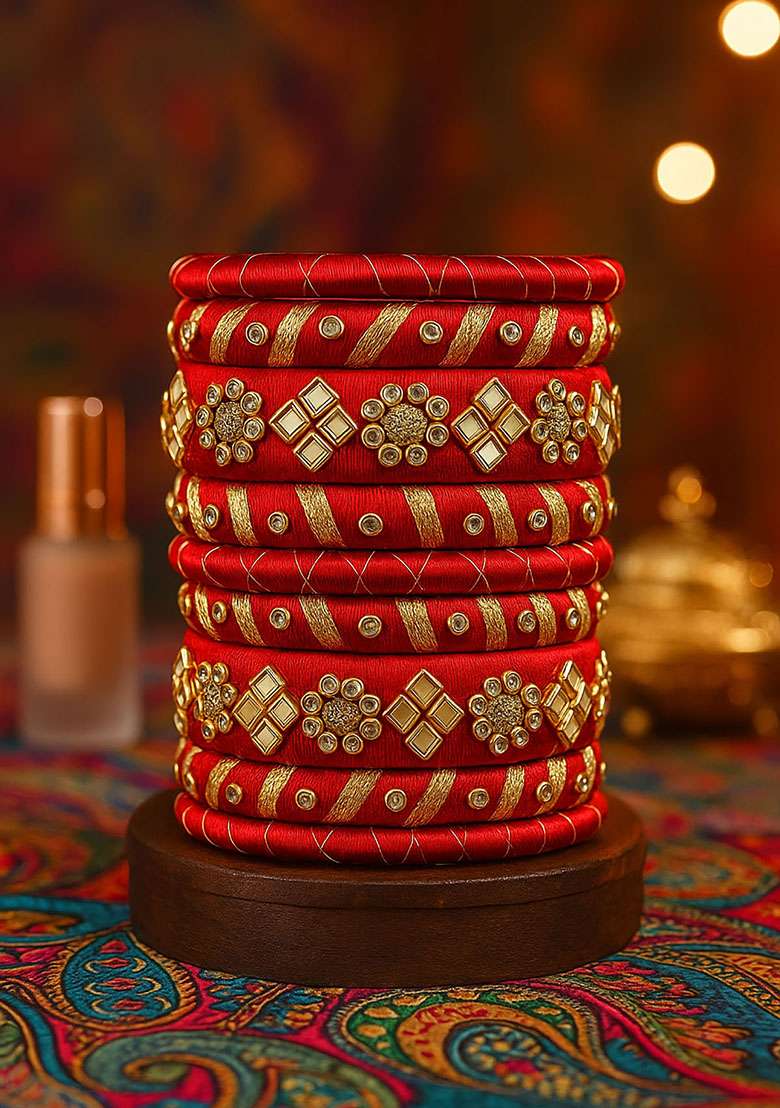 Red Silk Thread With Kunden Stone Bangles Set - Indya