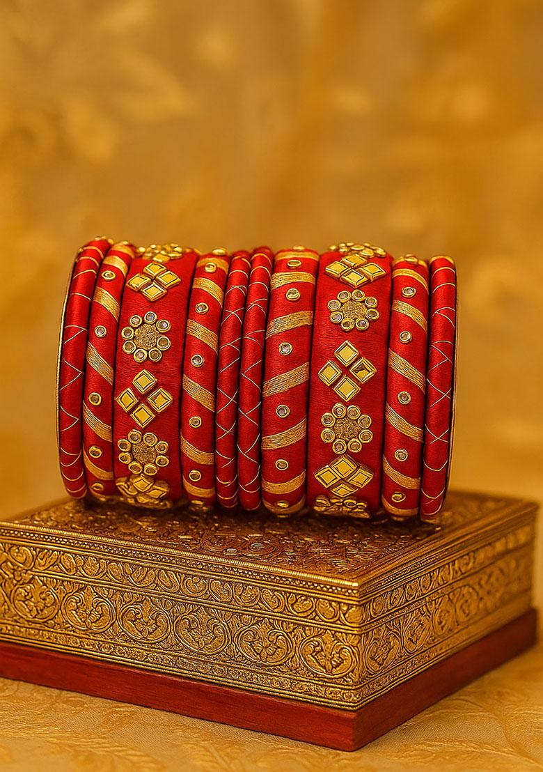 Red Silk Thread With Kunden Stone Bangles Set - Indya
