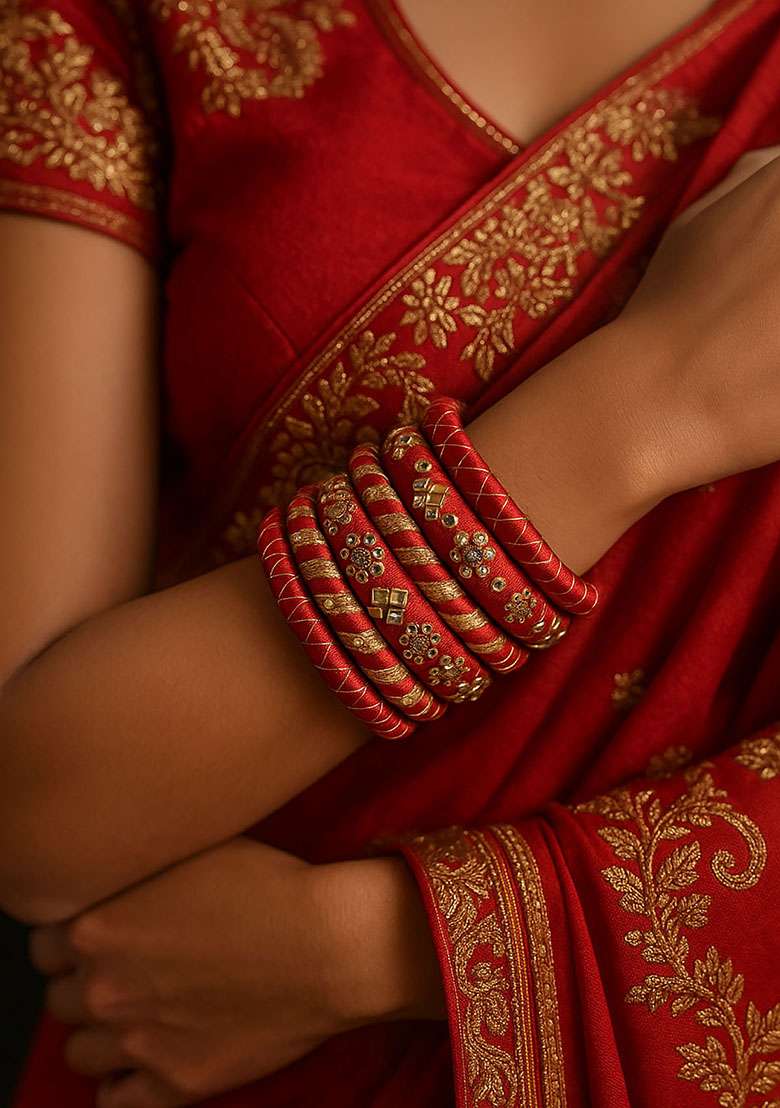 Red Silk Thread With Kunden Stone Bangles Set - Indya