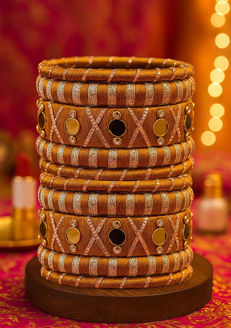 Golden Silk Thread With Kunden Stone Bangles Set - Indya