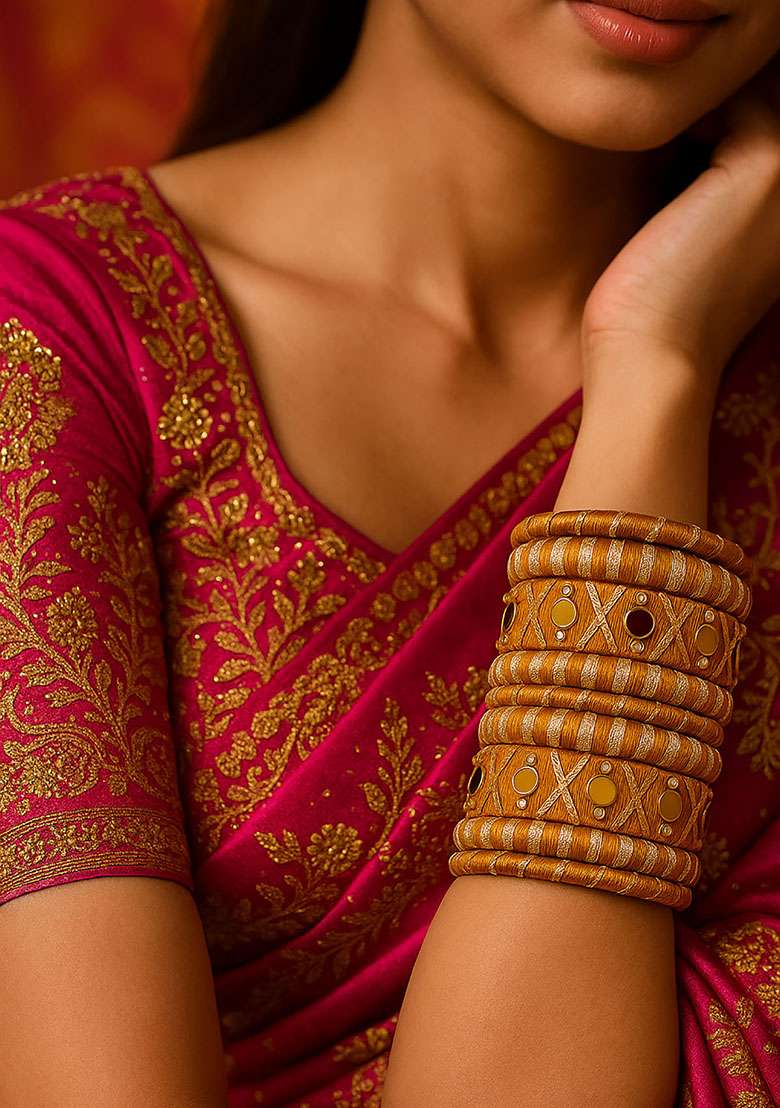 Golden Silk Thread With Kunden Stone Bangles Set - Indya