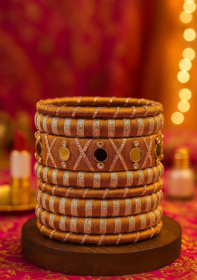 Golden Silk Thread With Kunden Stone Bangles Set - Indya