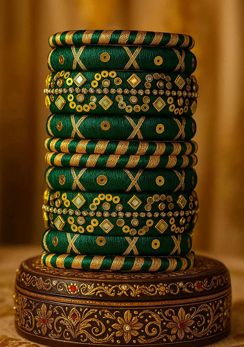 Green Silk Thread With Kunden Stone Bangles Set - Indya