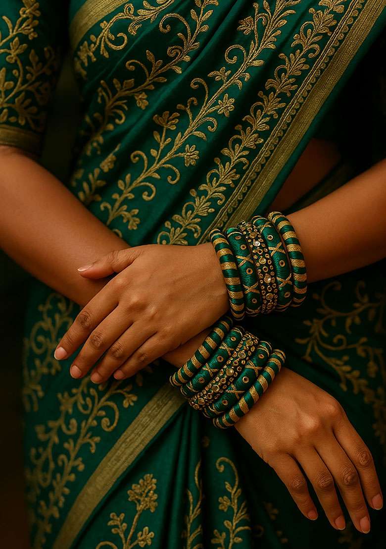 Green Silk Thread With Kunden Stone Bangles Set - Indya