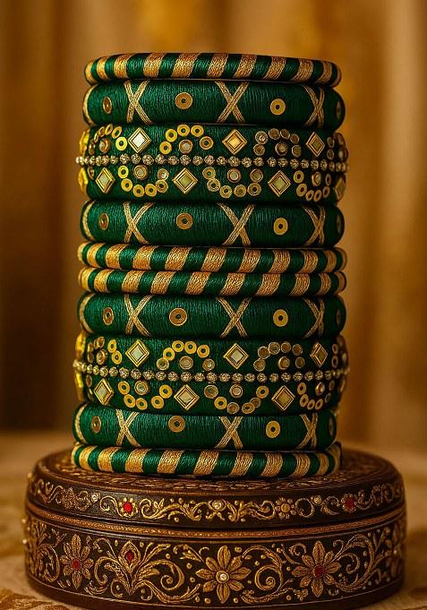 Green Silk Thread With Kunden Stone Bangles Set