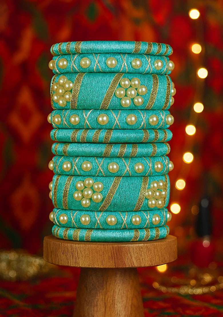 Light Blue Silk Thread With Kunden Stone Bangles Set - Indya